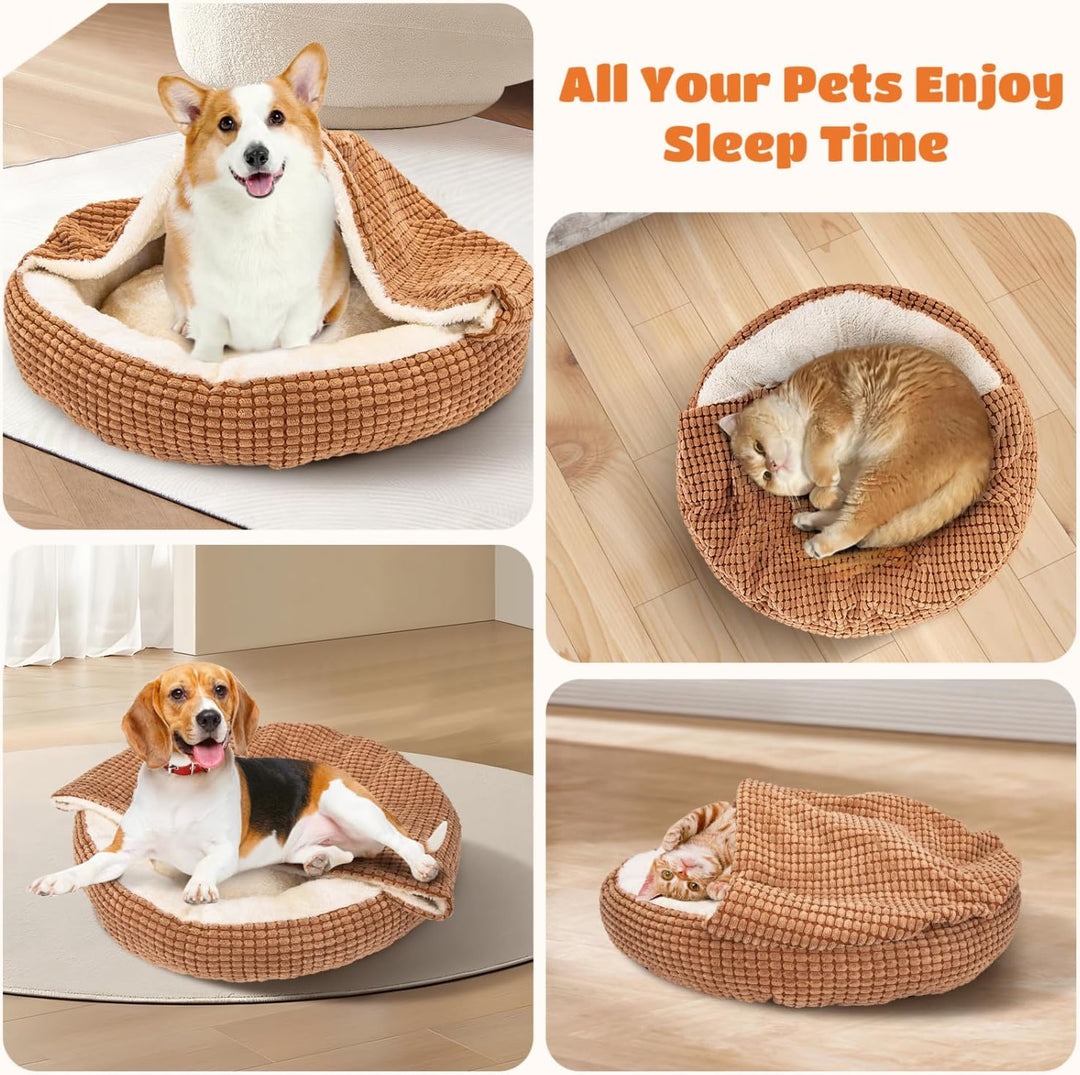 Nobleza Katzenbett mit Decke, Rundes Waschbares Hundebett, Flauschiges und Wärmendes Katzenkörbchen