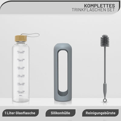 Amalindo Trinkflasche Glas 1L Bruchsicher (Borosilikatglas) - Glasflasche 1 Liter Schraubverschluss