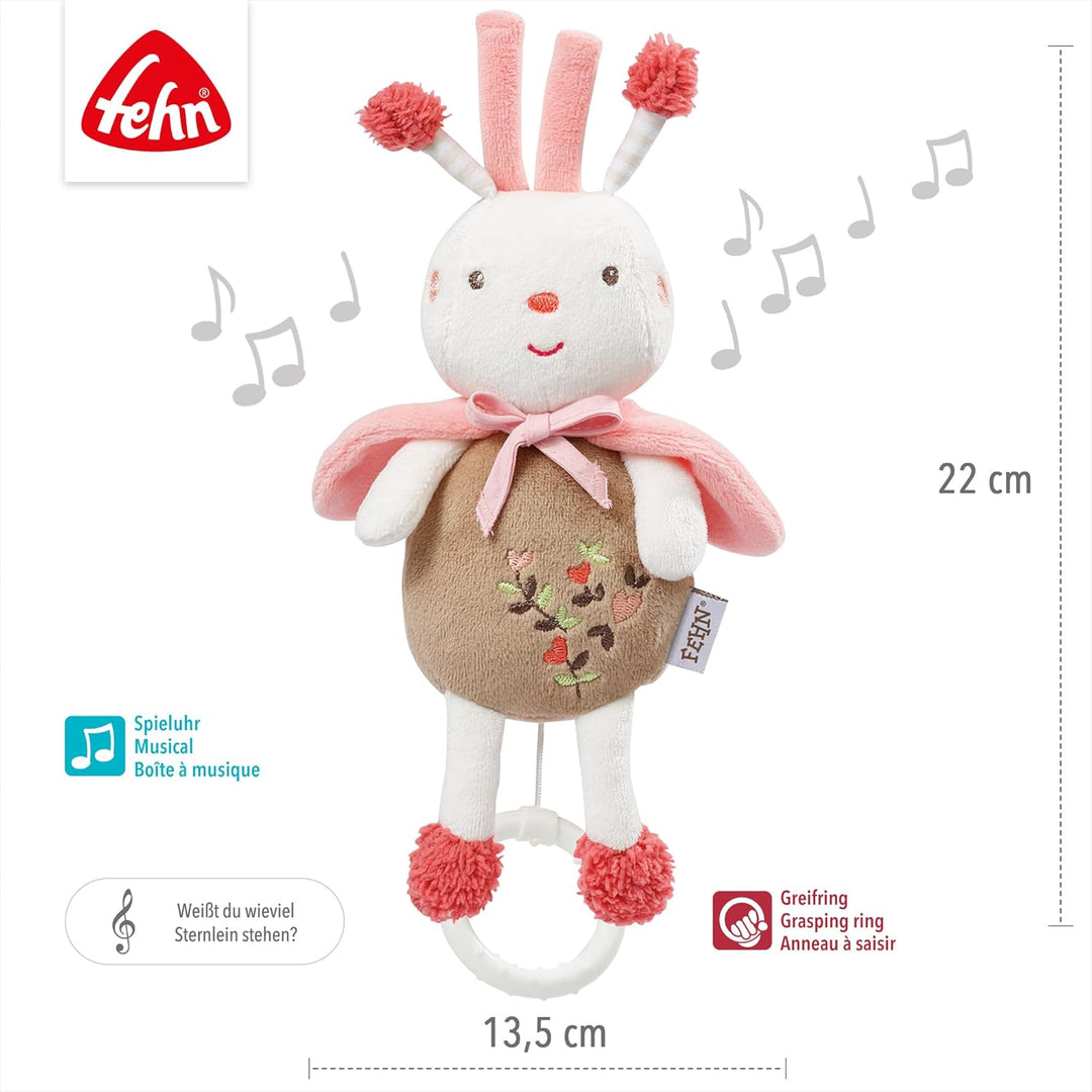 Fehn Spieluhr Baby Einschlafhilfe Biene - Kuscheltier mit Befestigung - Einschlafhilfe Melodie Weiss