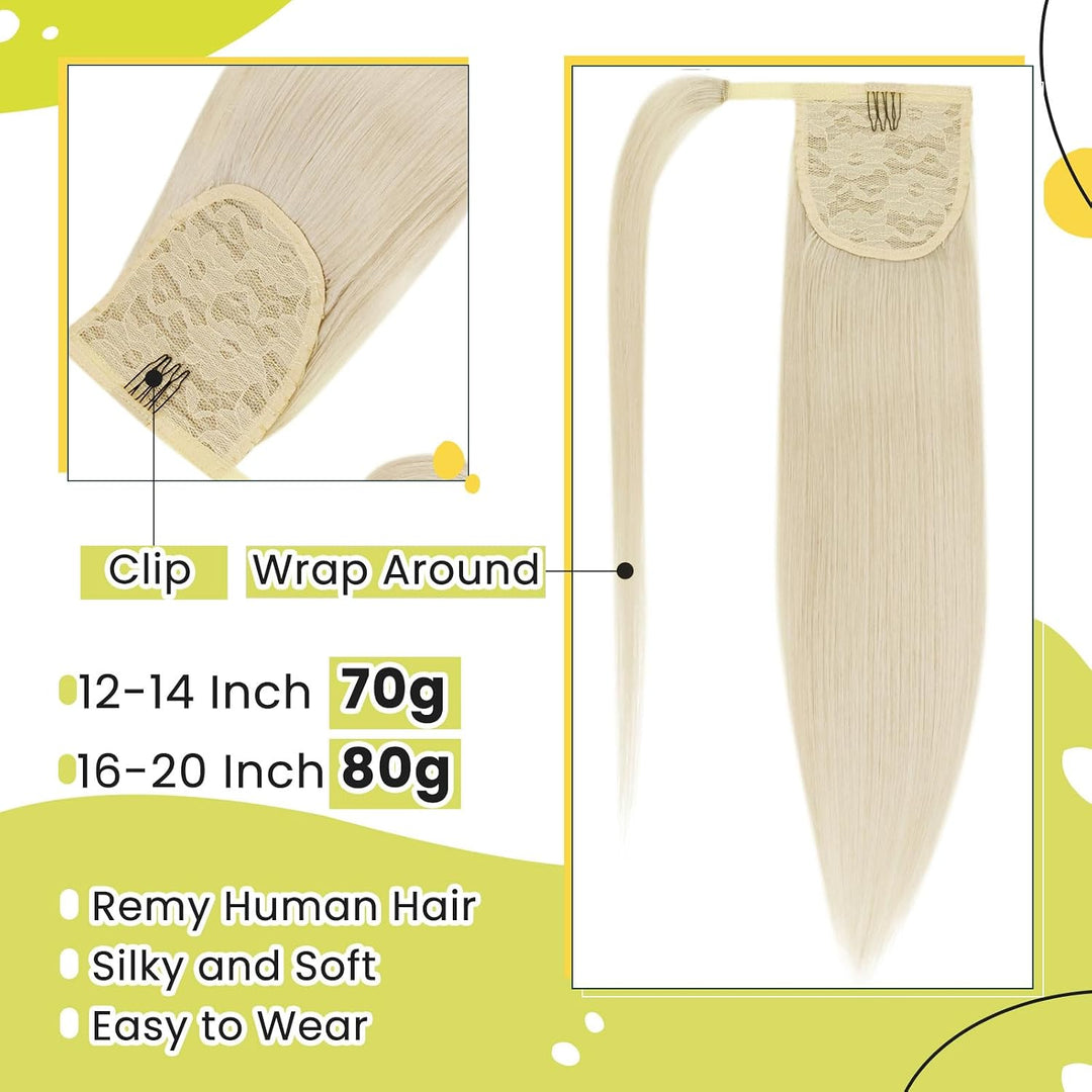 RUNATURE Remy Zopf Extension Echthaar Weiss Blond 55cm/22 Zoll Long Extensions Clip on Ponytail 80g/