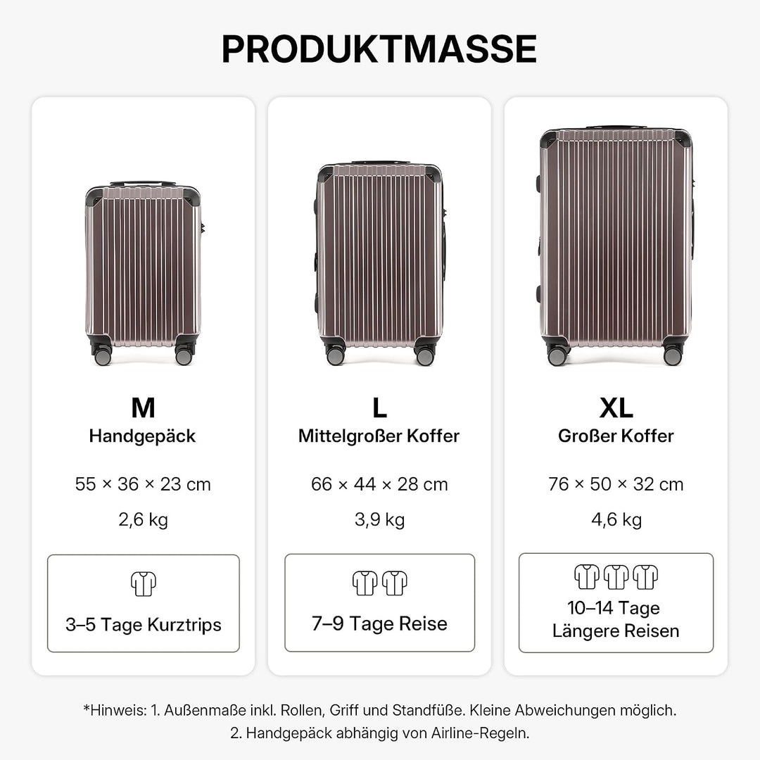 Münicase TSA-Schloss Koffer Reisekoffer Trolley Kofferset (Coffee, 3tlg. Kofferset)
