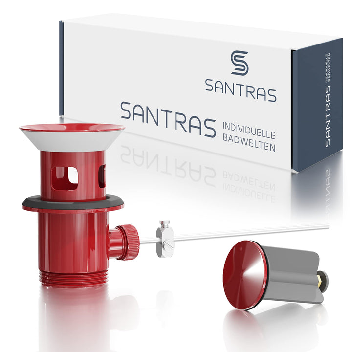 SANTRAS® Exzenter Ablaufgarnitur PREMIUM für Waschtisch mit Schutz vor Überlauf in Rot (RAL 3003) –