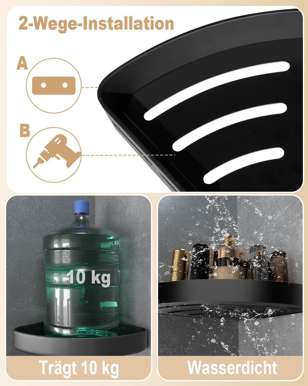 Duschablage Ecke Ohne Bohren Schwarz, Shampoo Halterung für Dusche und Rostschutz Duschregal-mit 4 H