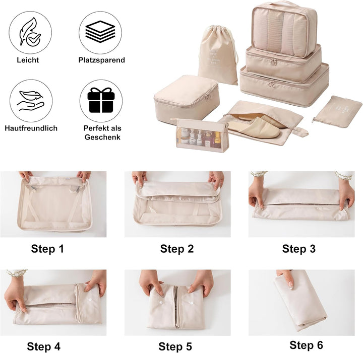 Packing Cubes 8er Set Koffer Organizer Packwürfel Set wasserdicht Beige, Beige