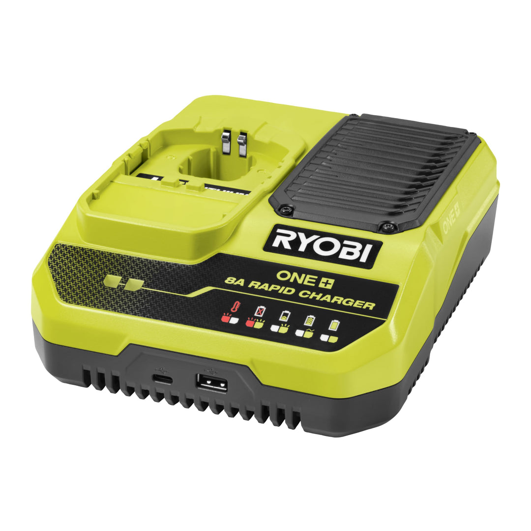 RYOBI 18 V ONE+ Akku-Schnellladegerät RC18180, 8,0 A Ladestrom lädt einen 4,0 Ah Akku in weniger als