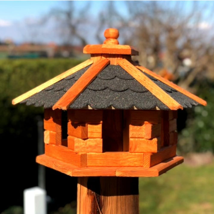 DARLUX Handgefertigtes Sechseck Vogelhaus aus Holz wetterfest M - XXL mit und ohne Ständer, Futterha