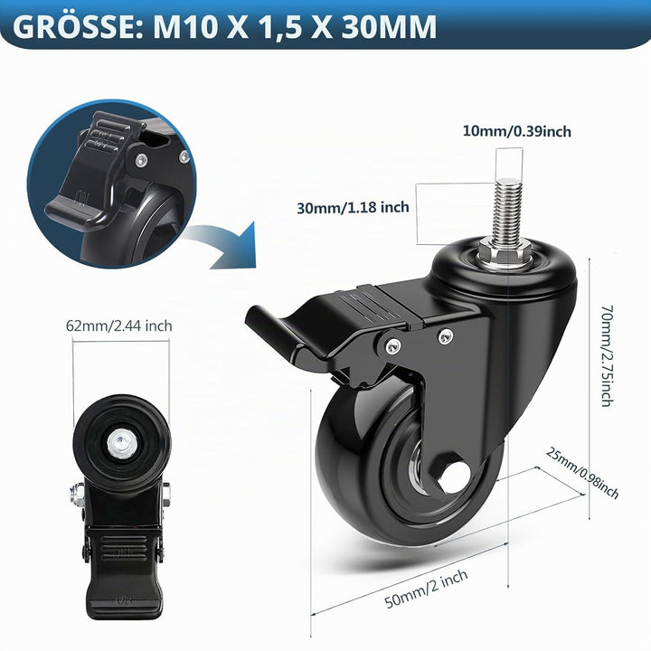 IQWTU Lenkrollen 50MM mit Bremse, 4 Stück Möbelrollen mit M10 x 1,5 x 30mm Schraube, Schwerlastrolle