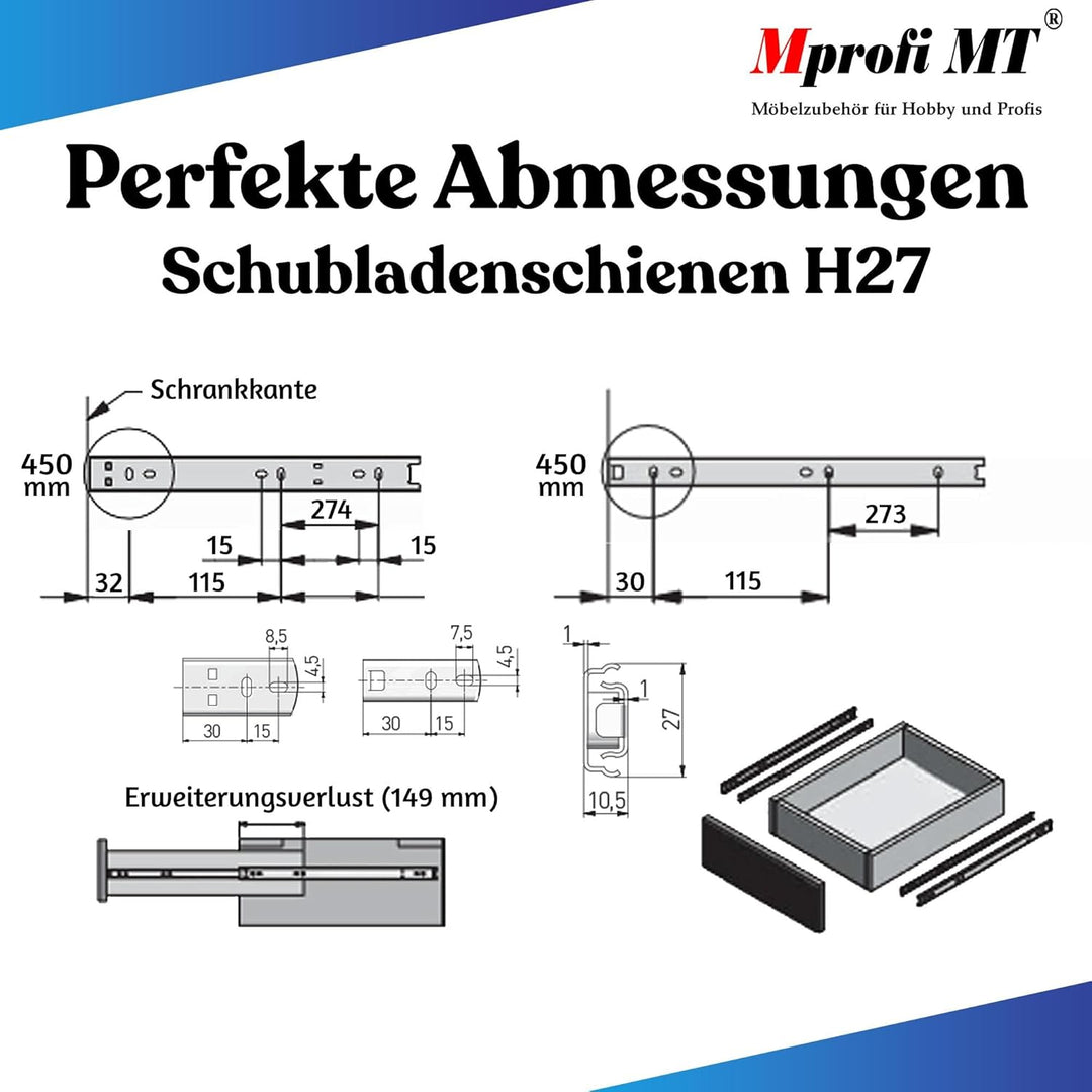 10 X Mprofi MT® (5 Paar) Schubladenschienen-Schubladenauszug-Schienen für Schubladen-Rollenauszug-Ku