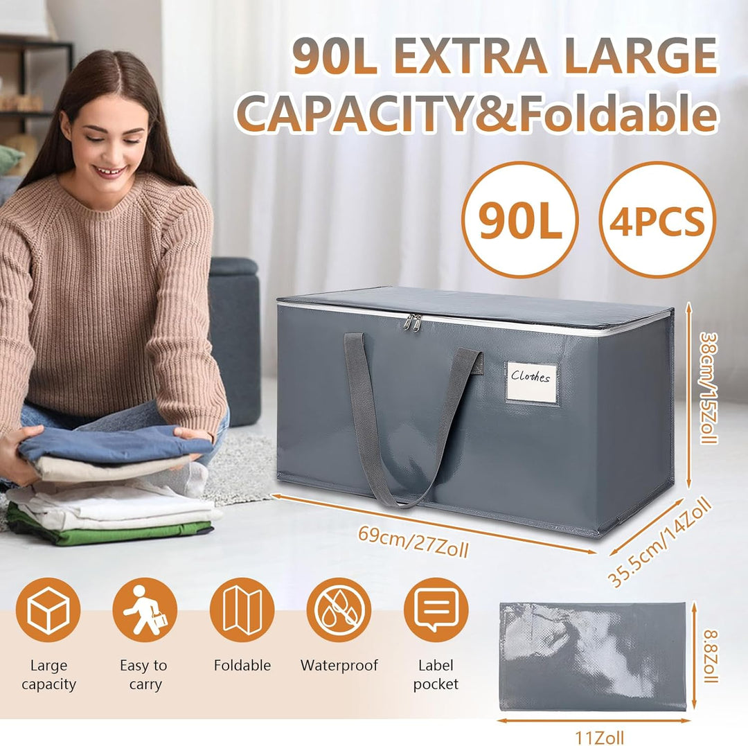 4 Stück 90L Grosse Aufbewahrungstasche mit Deckel, Wasserdicht Heavy-Duty Umzugstaschen, Faltbare Tr