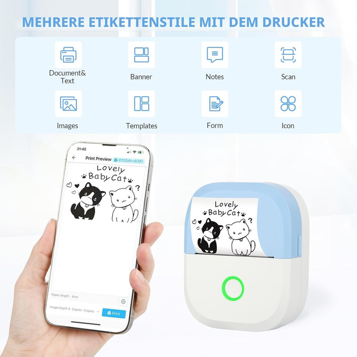 mafiti Mini Drucker tragbarer Mini Printer, Mini Fotodrucker Wireless Taschendrucker Thermodrucker S