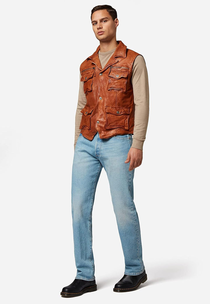 RICANO SK-Vest - Herren Lederweste aus echtem Lamm Nappa Leder Cognac Braun 4XL, Cognac Braun 4XL