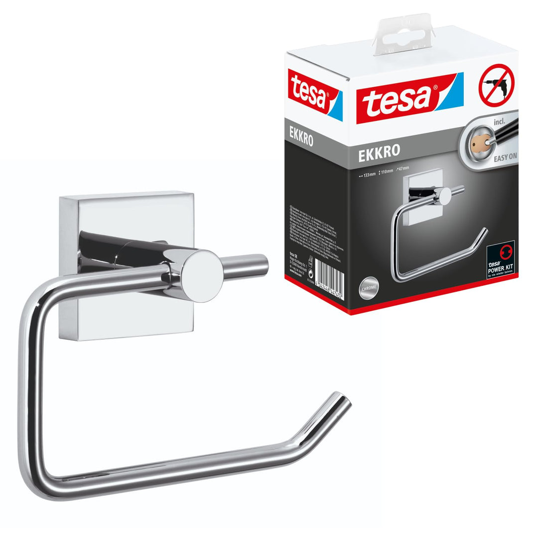 tesa EKKRO Toilettenpapierhalter, verchromt - WC-Rollenhalter zur Wandbefestigung ohne Bohren, inkl.
