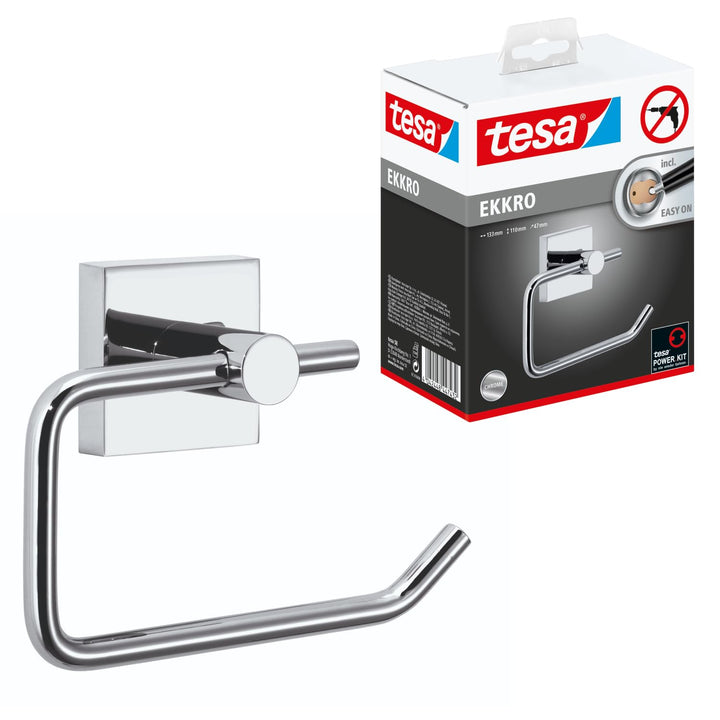 tesa EKKRO Toilettenpapierhalter, verchromt - WC-Rollenhalter zur Wandbefestigung ohne Bohren, inkl.