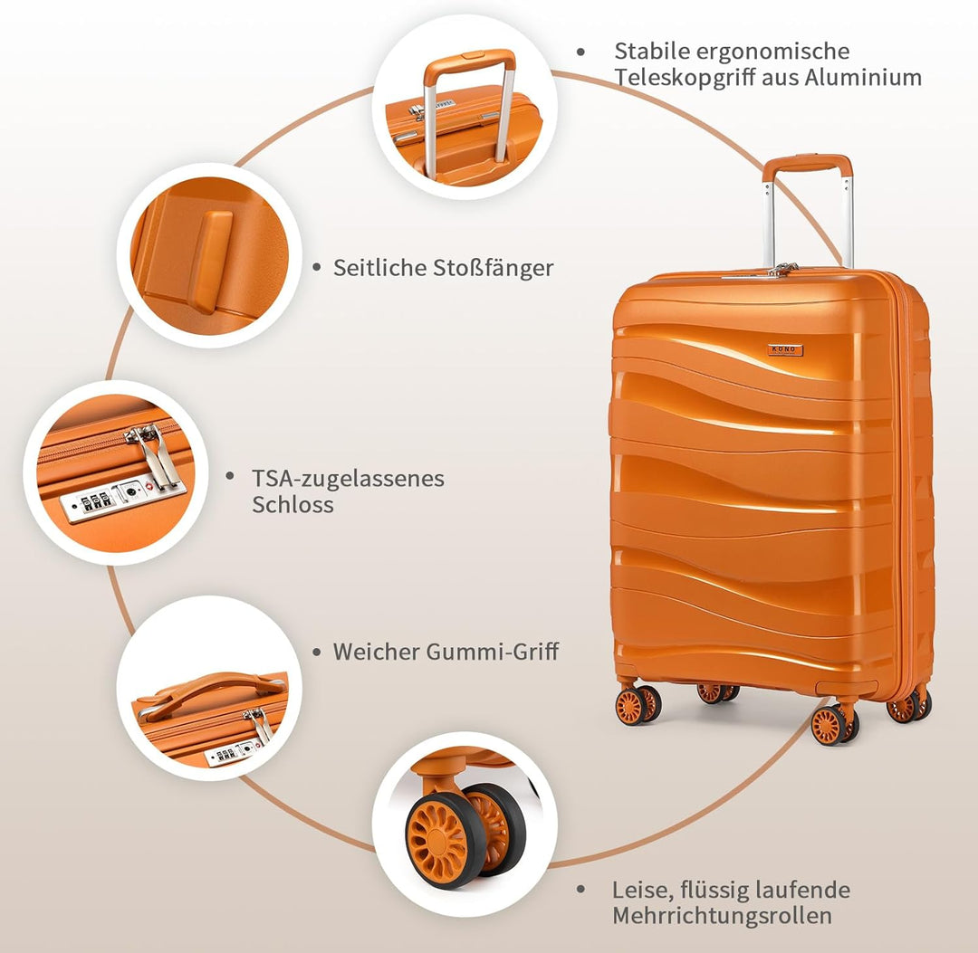 KONO Handgepäckkoffer 56cm Leicht Reisekoffer aus Polypropylen Hartschale Koffer mit 4 Rollen und TS