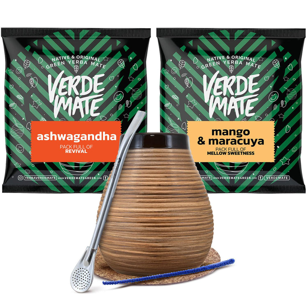 Set von Mate Tee Zubehör mit Proben 2x50g - Verde Mate Ashwagandha und Mango & Maracuya, Kalebasse,