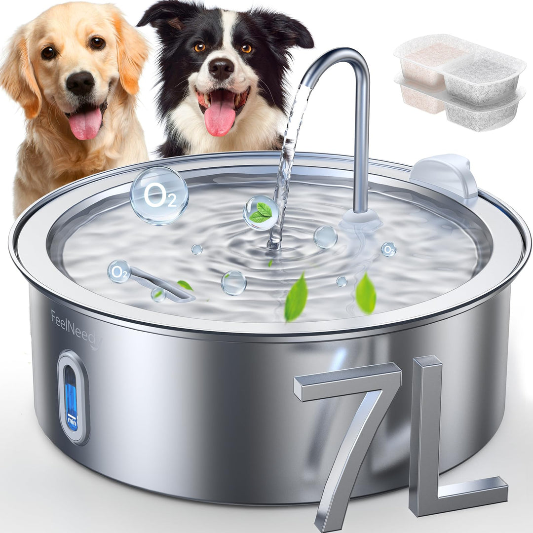 FEELNEEDY 7L Katzenbrunnen Edelstahl, Trinkbrunnen für Hunde mit 2 Filters Geeignet für die Verwendu