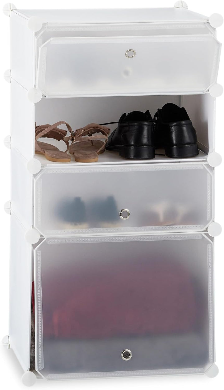 Relaxdays Schuhregal Kunststoff, Regalsystem 4 Fächer, Steckregal, mit Türen, für 8 Paar, HBT 91 x 4