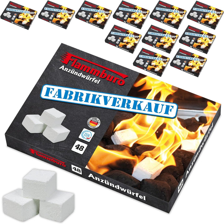 FLAMMBURO 756 Stück Anzündwürfel Paraffin (12 x 48 Würfel) vom Deutschen Hersteller, Grillanzünder,