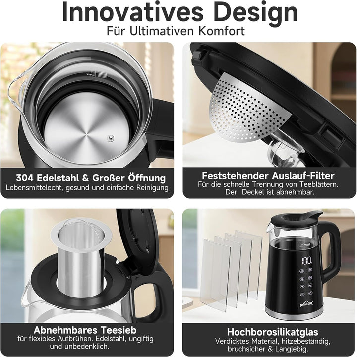 Glas Wasserkocher 1.7L + 1L, 2200W Teekocher Teekannen mit Warmhaltefunktion und Teetrichter, Wasser