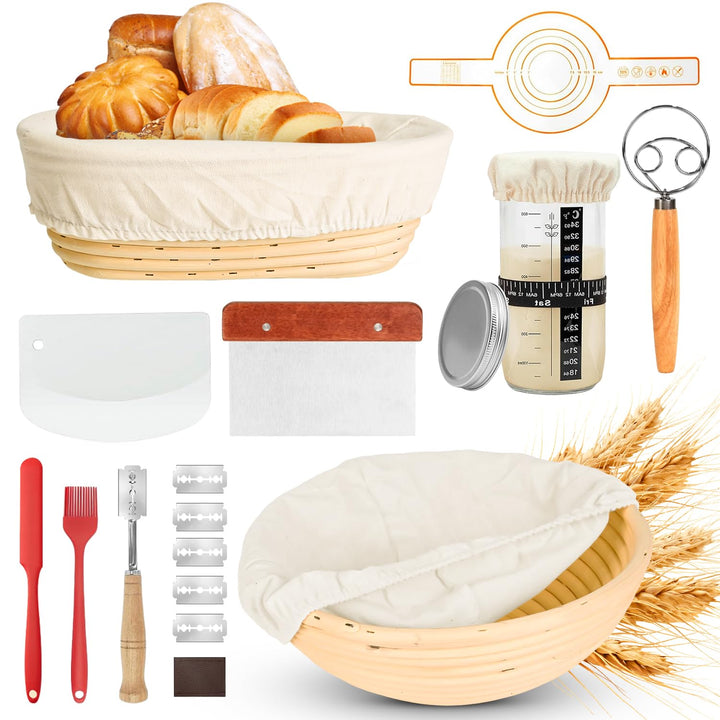 12 Stück Sauerteig Starter Set, 23,5cm & 25,4cm Gärkorb Brot Backen Mit Broschüre, Sauerteig Starter