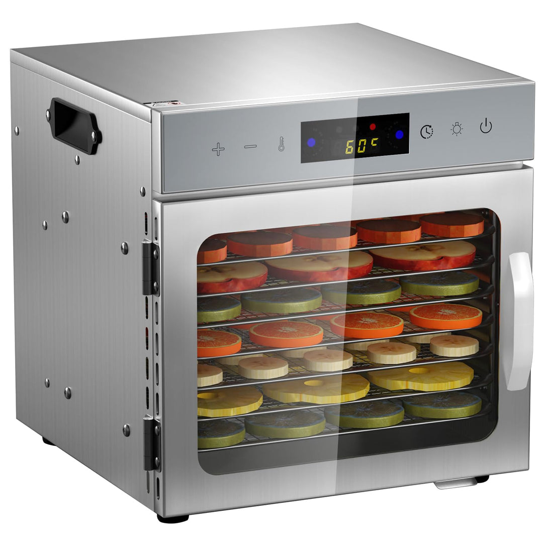 VELPAX Dörrautomat Edelstahl mit 8 Edelstahlgitter, 650W Obsttrockner Dörrapparat mit 24 Std. Zeitsc