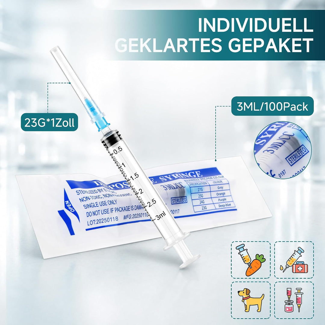 100 Stück 3ml, 23G x 1" (0.64 x 25mm), Präzisions-Messwerkzeuge | Klare Skala, Einzeln Verpackt, Für