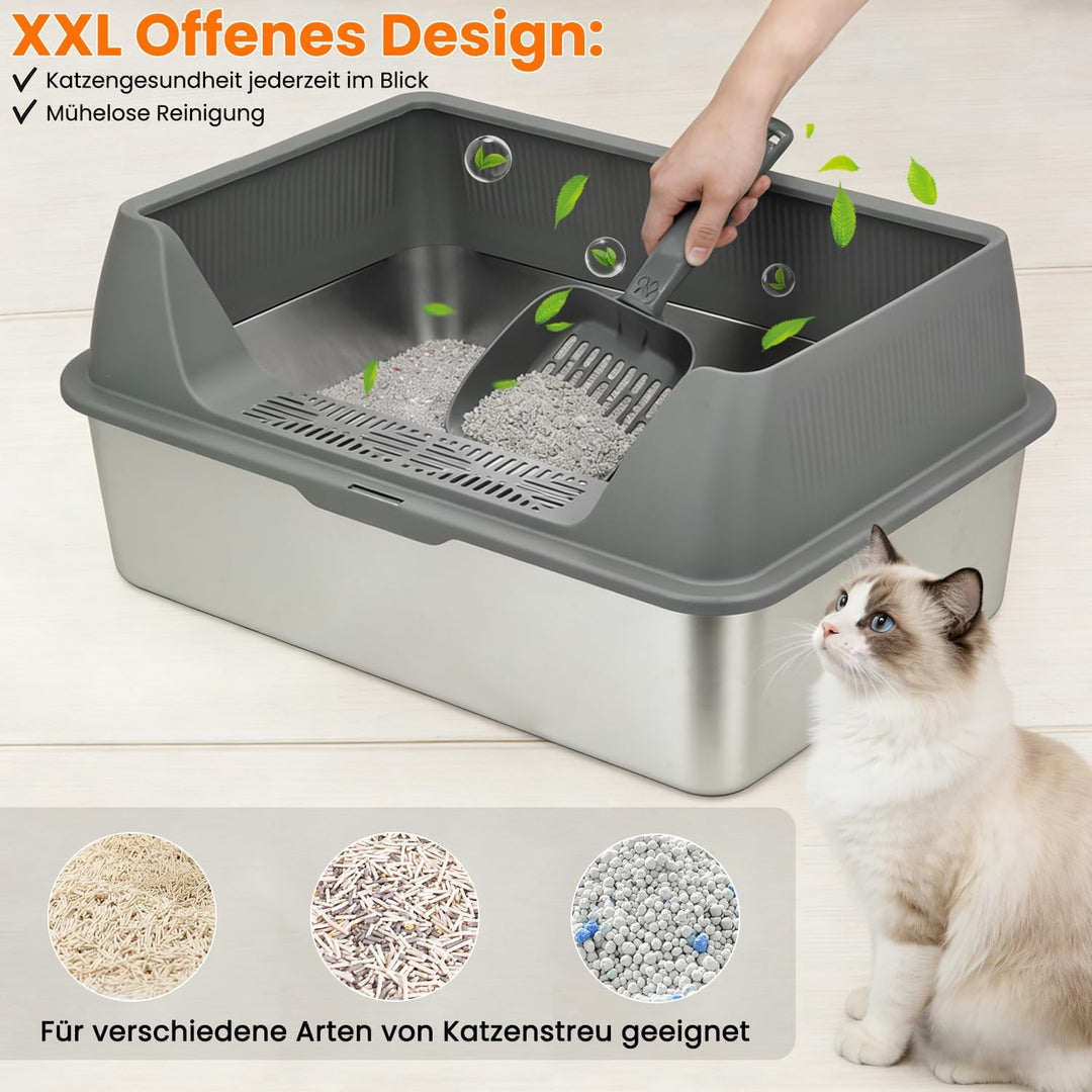 XL Katzenklo Edelstahl 60x40x25 cm mit Schaufel und Pedal, Offen Katzentoilette mit Deckel &amp; Hohem R