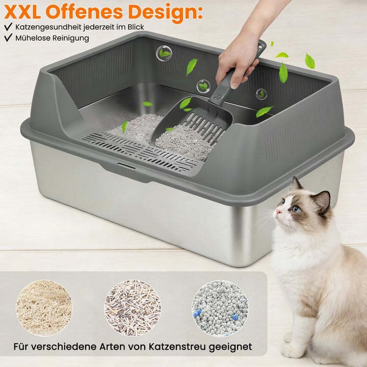 XL Katzenklo Edelstahl 60x40x25 cm mit Schaufel und Pedal, Offen Katzentoilette mit Deckel &amp; Hohem R