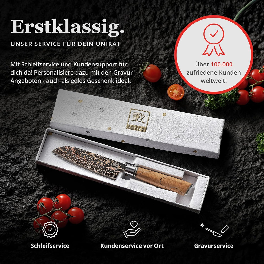 zayiko BlackMagma Damastmesser Santoku I 12 cm Klinge aus Damaststahl mit Kupfer &amp; Bronze sowie Ahor