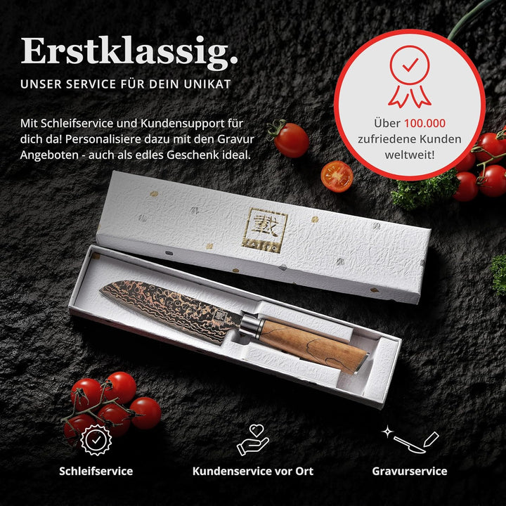 zayiko BlackMagma Damastmesser Santoku I 12 cm Klinge aus Damaststahl mit Kupfer &amp; Bronze sowie Ahor