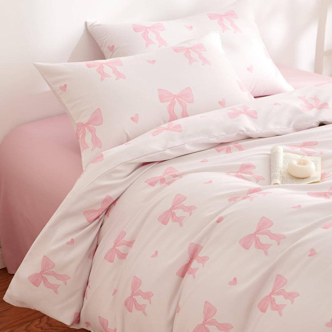 Tospass Schleife Bettwäsche 135x200cm Beige Rosa Schleifen Mädchen Wendebettwäsche-Set Deckenbezug F