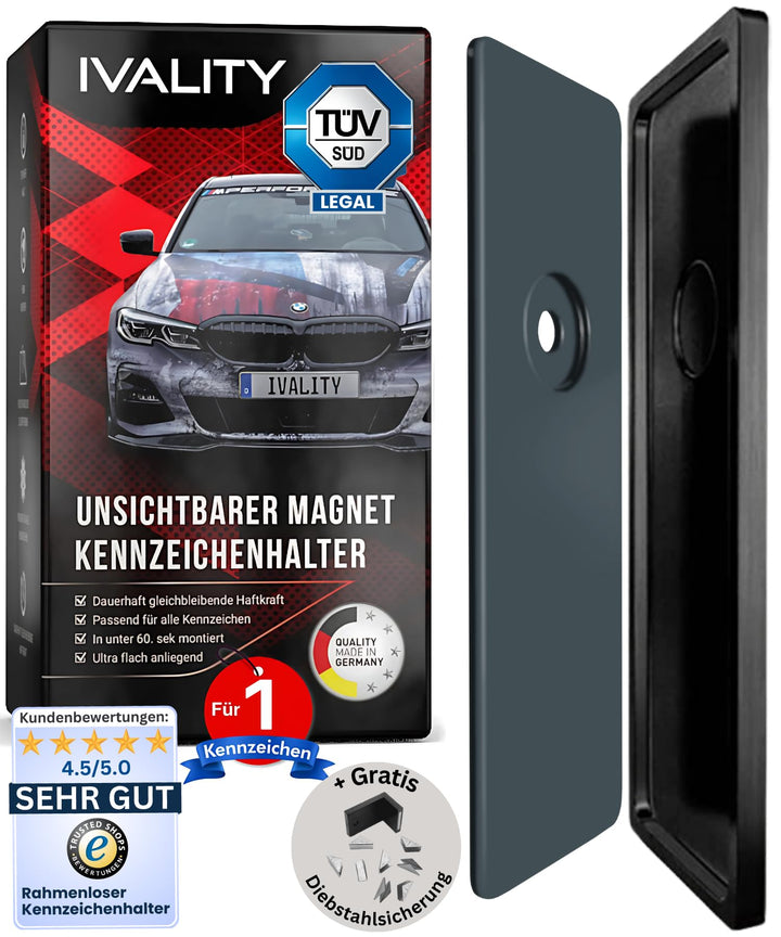 Ivality® Magnet Kennzeichenhalter Rahmenlos für 1 Kennzeichen | Magnetische Nummernschildhalterung A