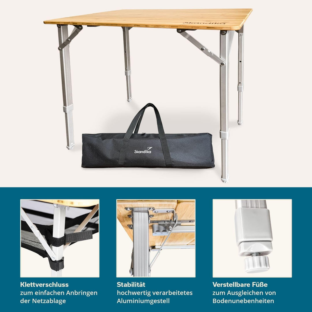 Skandika Bambus Campingtisch Tolja | Faltbarer Tisch mit Netzablage, versch. Grössen, 3-Fach höhenve