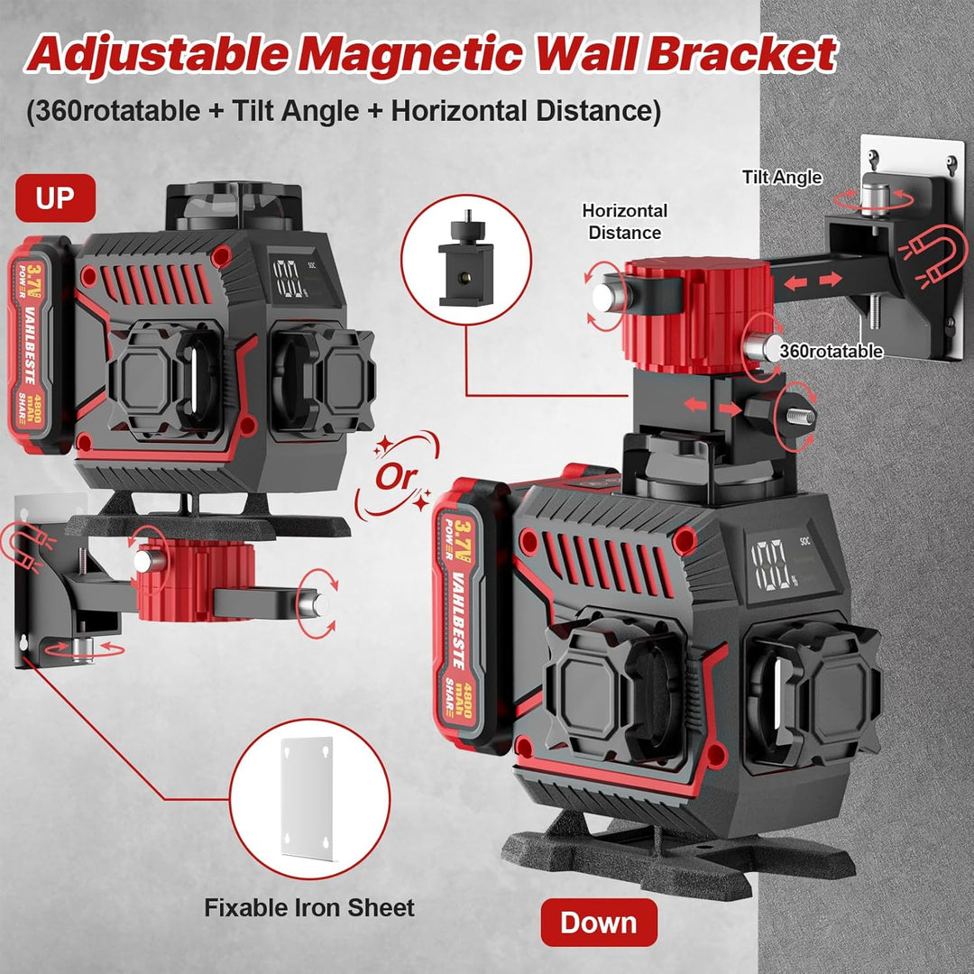 Kreuzlinienlaser mit Stativ, Laser Wasserwaage, 4x360 Grad Laser Level mit 2x4800mAh Batterien &amp; LED