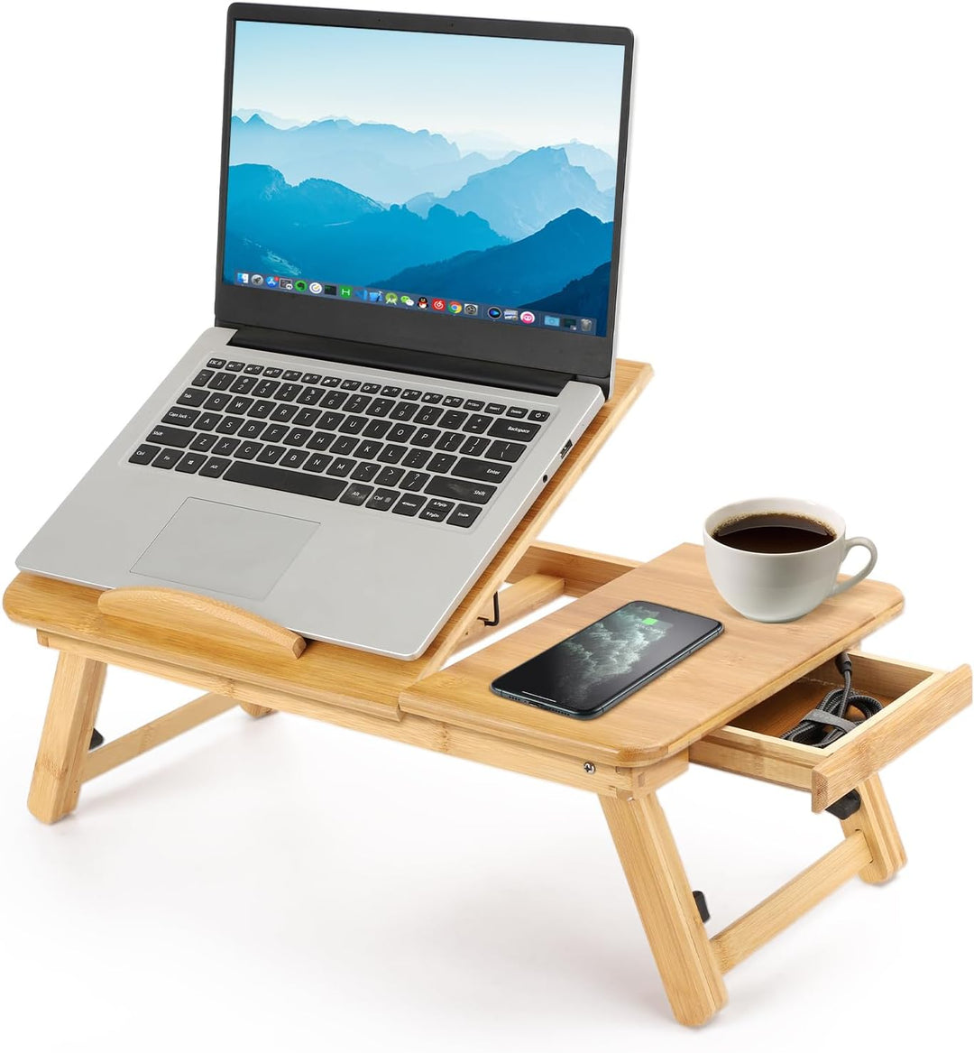 Queiting Laptoptisch 50x30cm Laptop Tisch Betttisch Laptop Knietisch Bambus Notebooktisch mit Lüftun