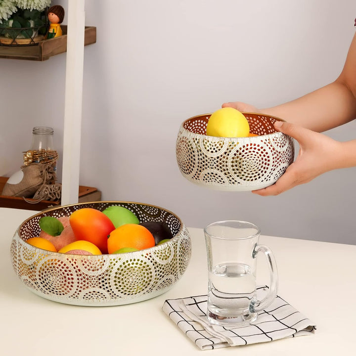 JAZUIHA Obstschale Modern 2er Set, Dekoschale Gold, Obstkorb aus Metall Runde Dekorative Schale Gold