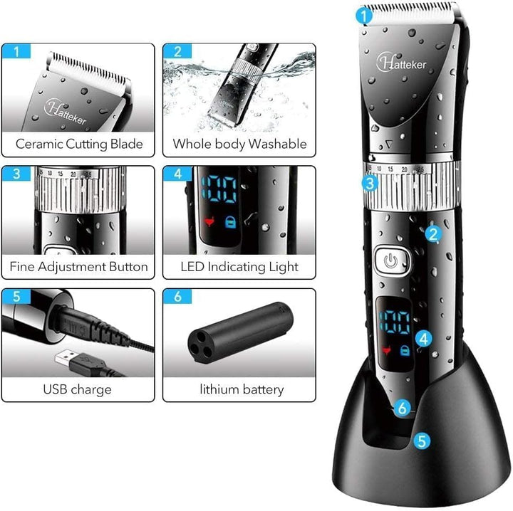 Hatteker Haarschneider Professioneller elektrischer Bartschneider mit LCD-Display Drahtloser USB-Akk