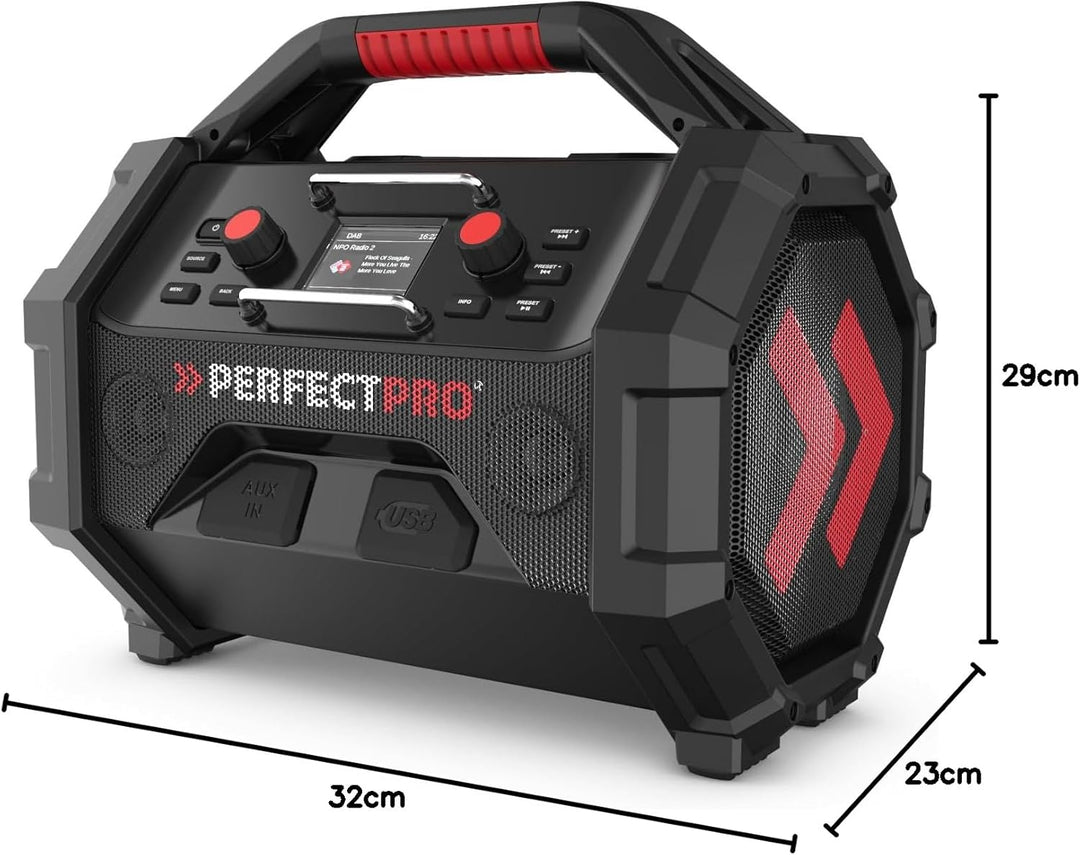 PerfectPro Baustellenradio ROCKTAGON 18V, DAB+ und UKW-Empfang, AUX-Eingang, USB Laden, Bluetooth 5.