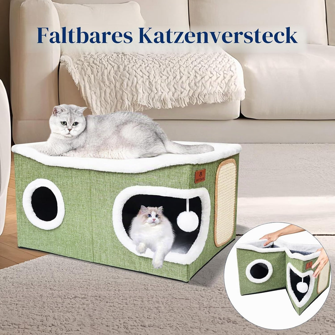Extra Grosse Katzenhaus Indoor, 2-stöckige Kuschelhöhle mit Kratzbrett und Spielball, Katzenhöhle fü