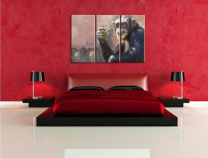Pixxprint Aufmerksamer Schimpanse Kunst Pinsel Effekt 3-Teiler Leinwandbild 120x80 Bild auf Leinwand
