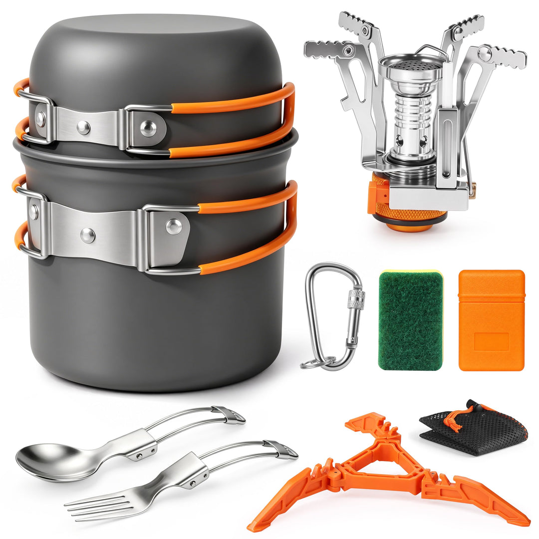 AUTOPkio Camping Geschirr Set für 1-2 Personen mit Mini Campingkocher, Faltbare Aluminium Camping Ko