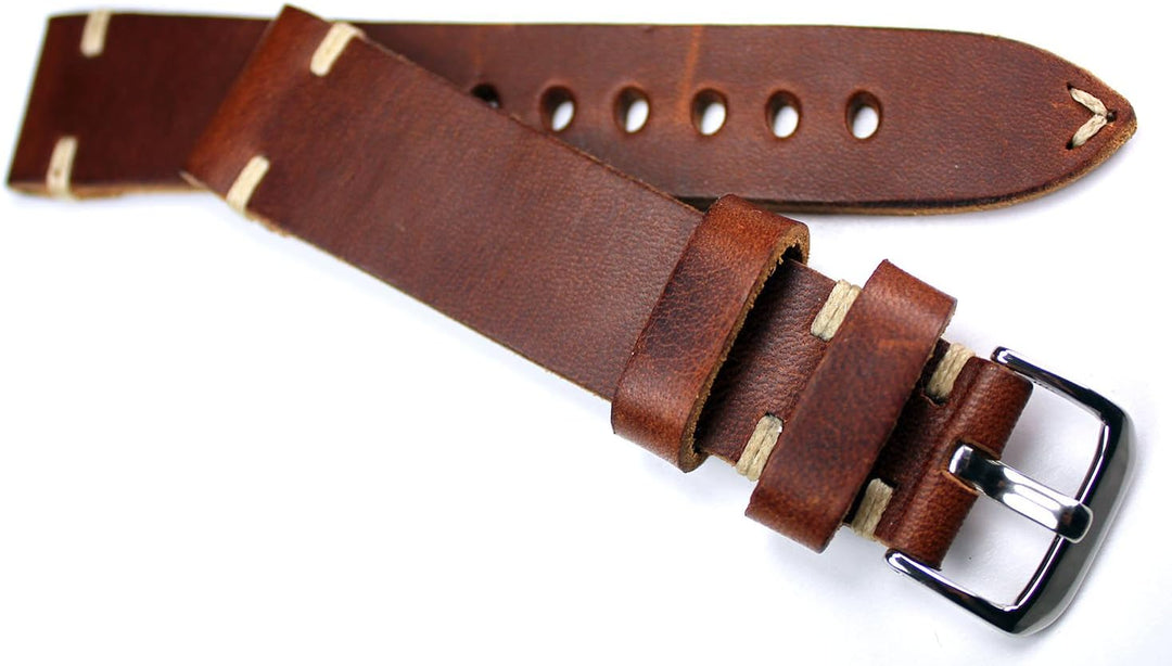 22mm RIOS1931 Handarbeit Deutsch Vintage Lederband Weisse Naht braun