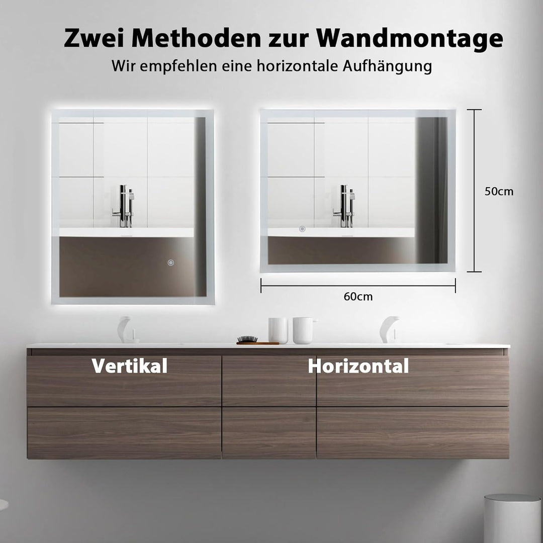 LED Badspiegel mit Beleuchtung, 60x50cm Wandspiegel Badezimmerspiegel mit Touch-Schalter Kaltweiss 6