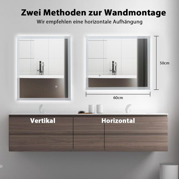 LED Badspiegel mit Beleuchtung, 60x50cm Wandspiegel Badezimmerspiegel mit Touch-Schalter Kaltweiss 6