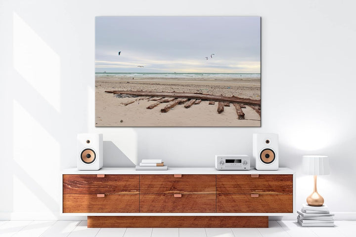 deyoli Sandstrand mit Möwen im Format: 80x60 als Leinwandbild, Motiv fertig gerahmt auf Echtholzrahm