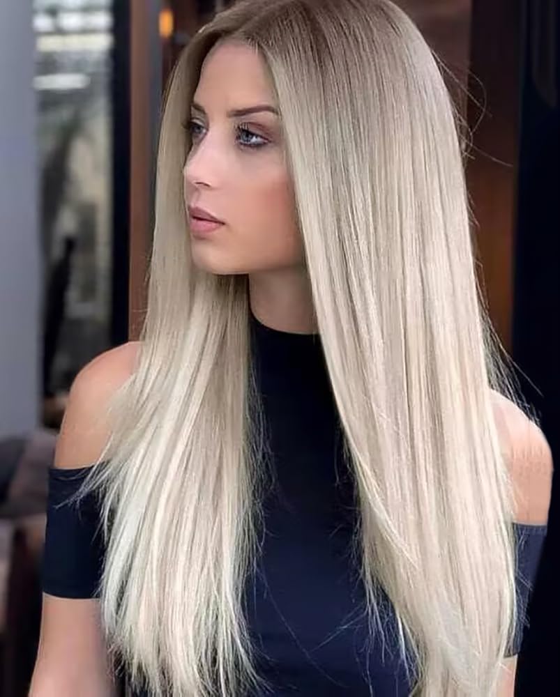 PORSMEER Ombre Blond Perück Lang Glatt Gerade Perücken mit Spitze Mittelscheitel für Frauen/Mädchen