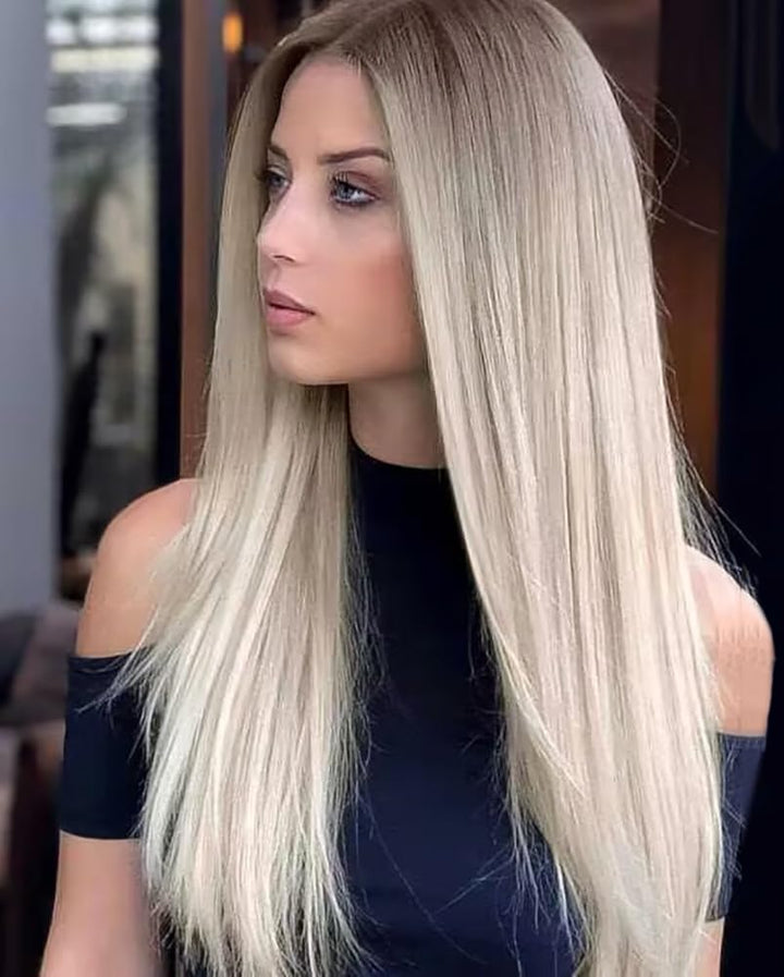 PORSMEER Ombre Blond Perück Lang Glatt Gerade Perücken mit Spitze Mittelscheitel für Frauen/Mädchen