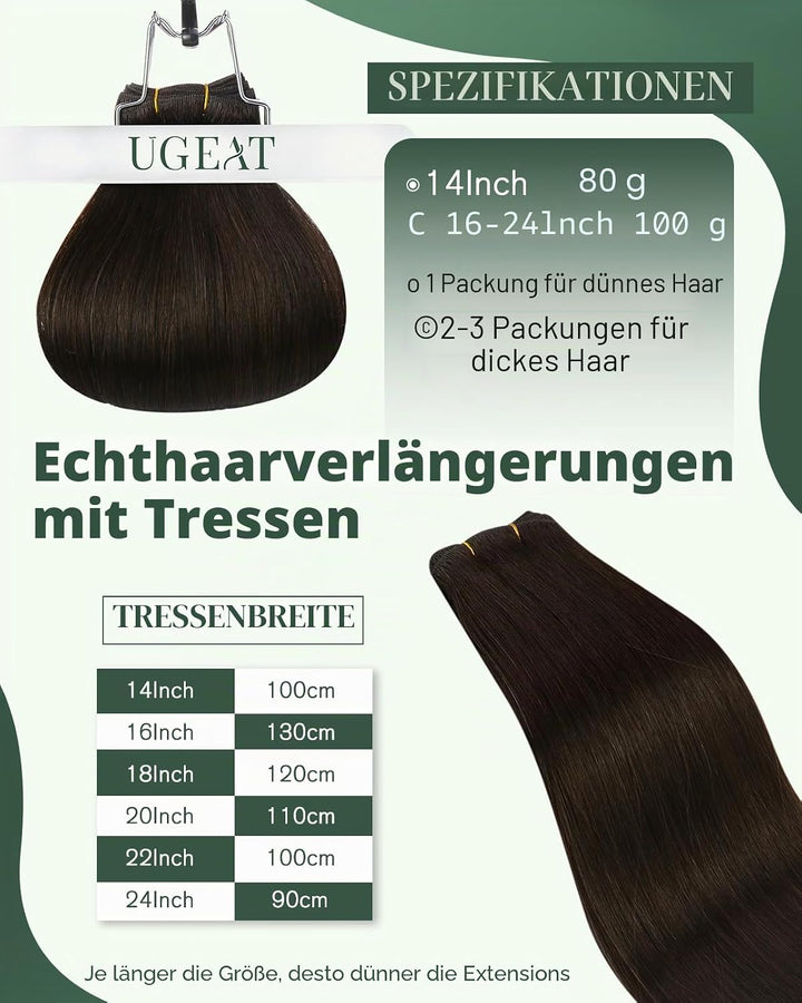 Ugeat Braun Extensions Echthaar Tressen Remy Haartressen Echthaar Zum Einnähen Dunkel Braun Echthaar