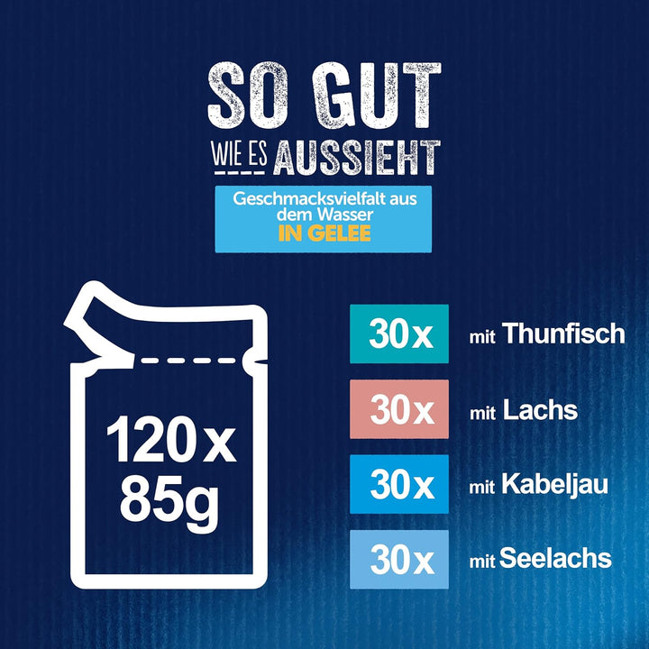 FELIX So gut wie es aussieht Katzenfutter nass in Gelee, Fisch Sorten-Mix, 120er Pack (120 x 85g)