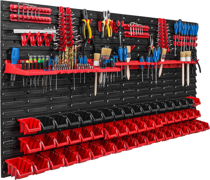 Lagersystem Werkstattregal | 156 x 78 cm | 56 stck. Box | Wandregal mit Werkzeughalterungen und Stap